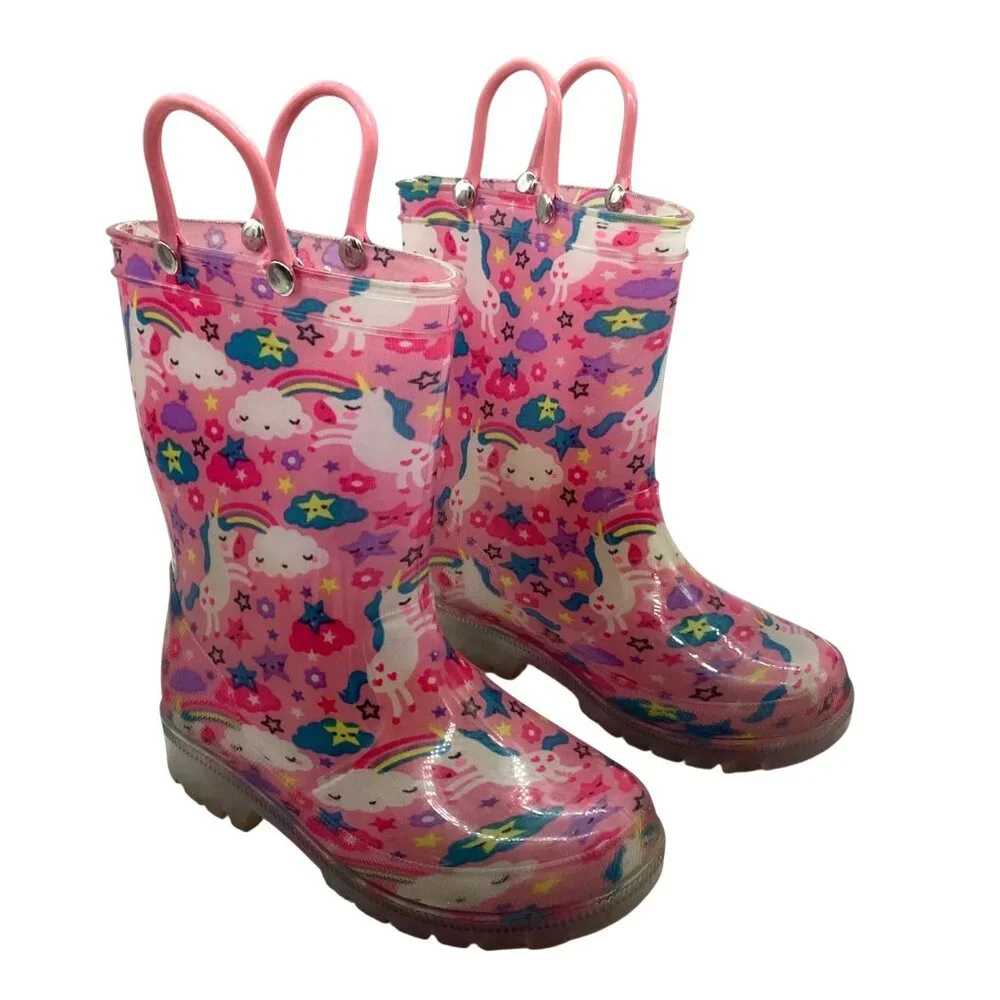 Light Up Pink Unicorn‎ Stars Print Rain Boots Girl Toddler Size 10 Handles